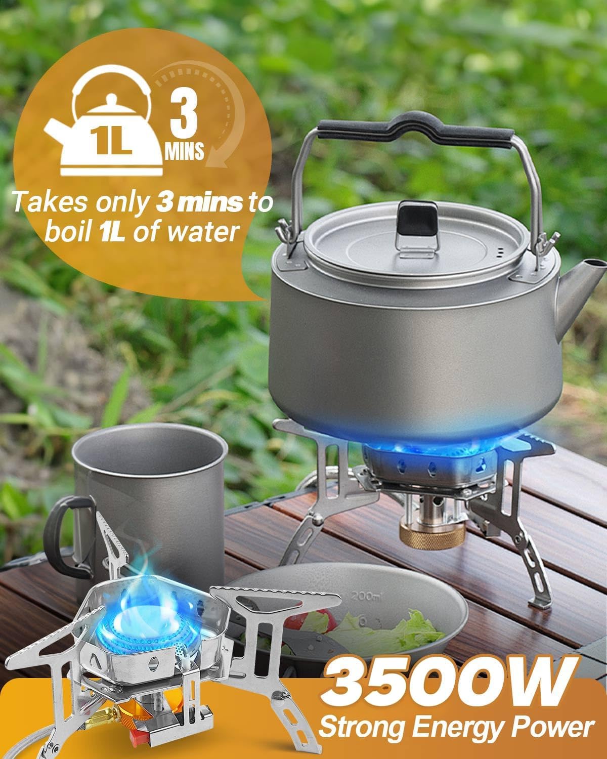 Portable Camping Gas Stove Burner, Windproof 3500W Camping Stove with Piezo Ignition, Complete with Adapters and Converters for BBQs, Cooking, Fishing, Hiking, and Picnics