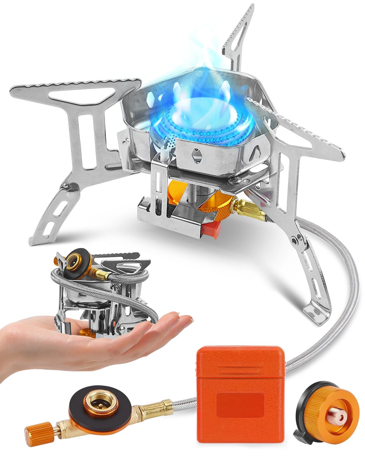 Portable Camping Gas Stove Burner, Windproof 3500W Camping Stove with Piezo Ignition, Complete with Adapters and Converters for BBQs, Cooking, Fishing, Hiking, and Picnics