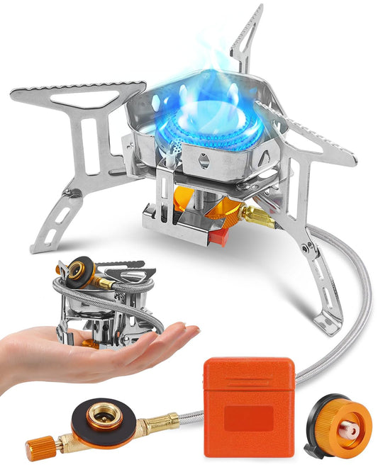 Portable Camping Gas Stove Burner, Windproof 3500W Camping Stove with Piezo Ignition, Complete with Adapters and Converters for BBQs, Cooking, Fishing, Hiking, and Picnics