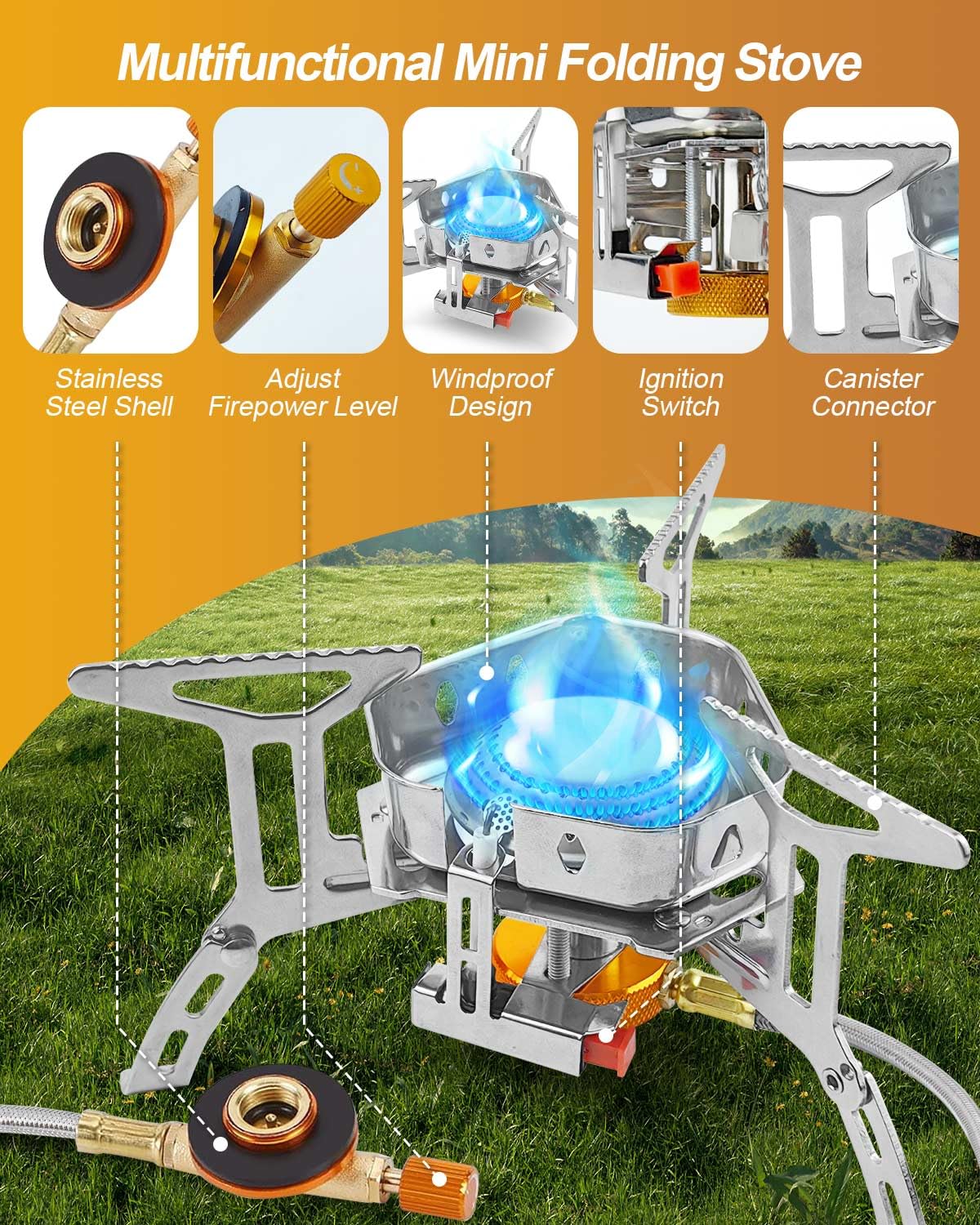 Portable Camping Gas Stove Burner, Windproof 3500W Camping Stove with Piezo Ignition, Complete with Adapters and Converters for BBQs, Cooking, Fishing, Hiking, and Picnics